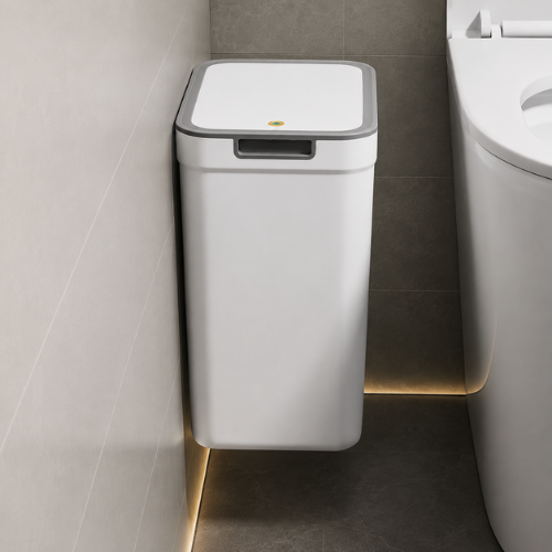 Poubelle murale blanche compacte installée près des toilettes