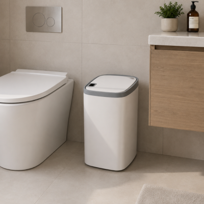 Poubelle salle de bain blanche avec bordure grise