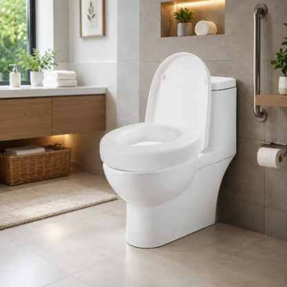 Rehausseur WC 7,6 cm installé sur une toilette blanche