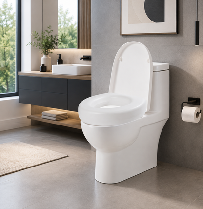 Rehausseur de siège WC installé dans une salle de bain