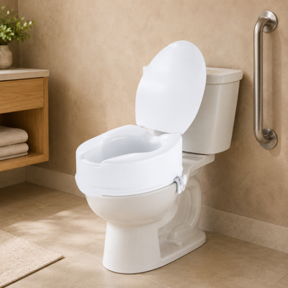 Rehausseur de toilette blanc installé près d’une barre d’appui