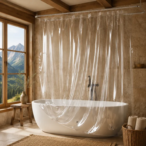 Rideau de baignoire transparent avec vue sur les montagnes