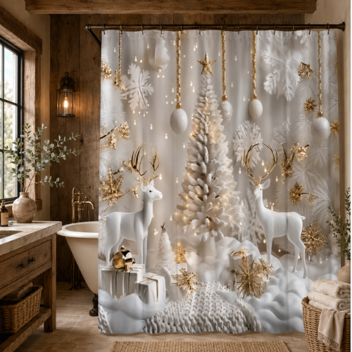 Rideau de douche Noël dans une salle de bain rustique