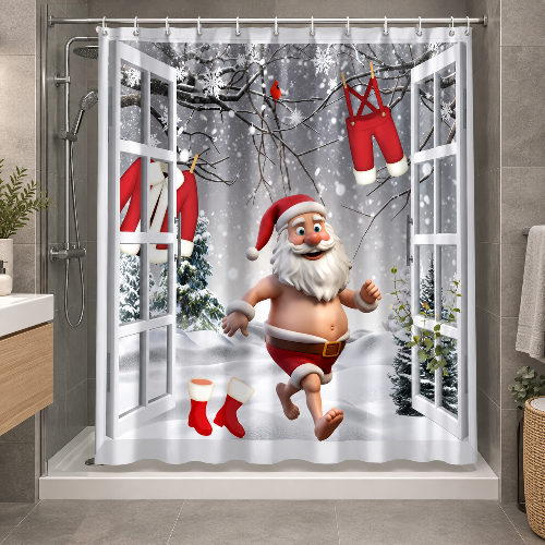 Rideau de douche Père Noël amusant installé dans une douche