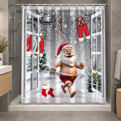 Rideau de douche Père Noël amusant installé dans une douche