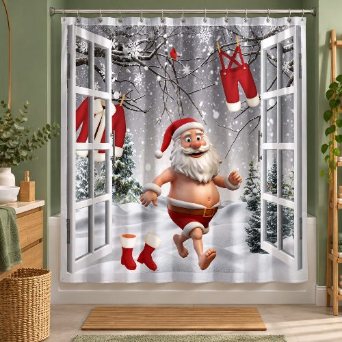 Rideau de douche Père Noël dans une salle de bain