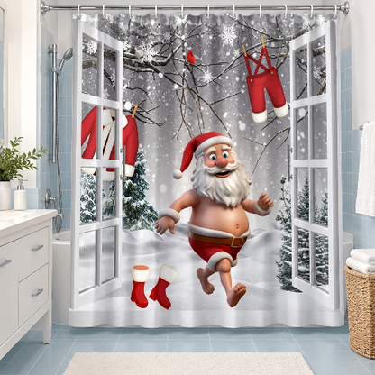 Rideau de douche Père Noël devant la baignoire