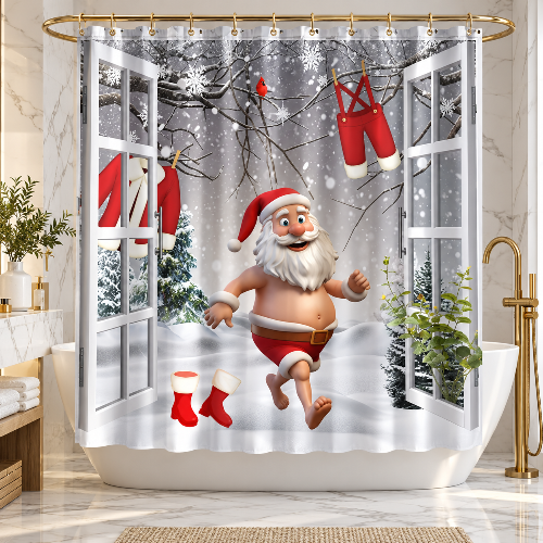 Rideau de douche Père Noël devant une baignoire
