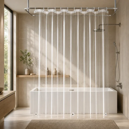 Rideau de douche aimanté installé devant une baignoire rectangulaire moderne