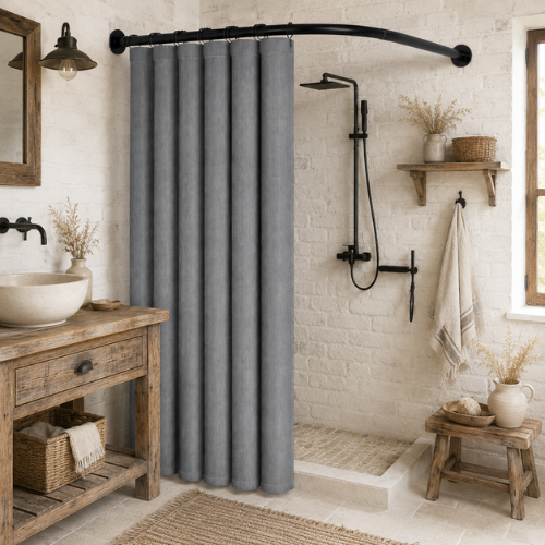 Rideau de douche anti-moisissure gris sur barre noire