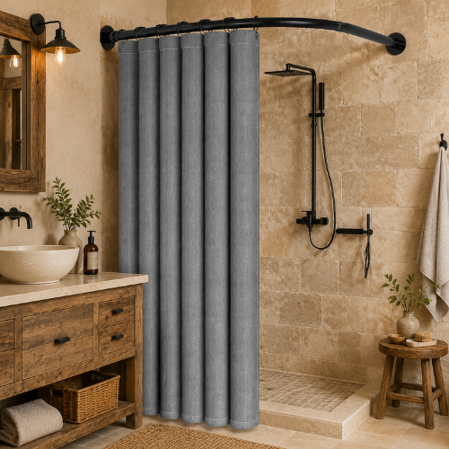 Rideau de douche avec barre noire dans une salle de bain
