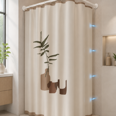 Rideau de douche avec quatre points de fermeture aimantés

