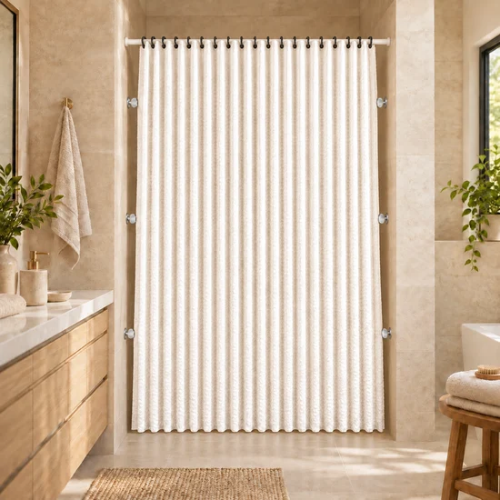 Rideau de douche beige plissé dans une salle de bain