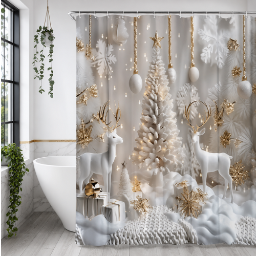 Rideau de douche blanc et doré avec sapin et cerfs