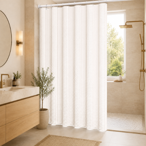 Rideau de douche blanc gaufré dans une salle de bain