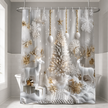 Rideau de douche décoratif blanc et doré avec sapin