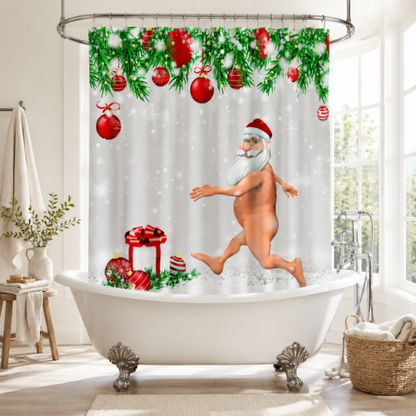 Rideau de douche drôle installé autour d’un bain sur pattes