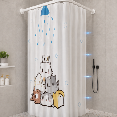 Rideau de douche en L avec chats sous la douche
