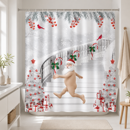 Rideau de douche festif avec escalier enneigé et sapins
