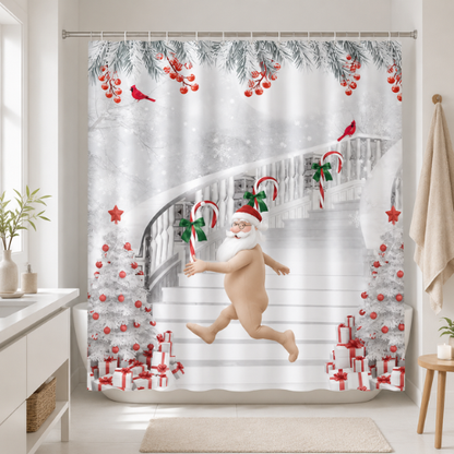 Rideau de douche festif avec escalier enneigé et sapins