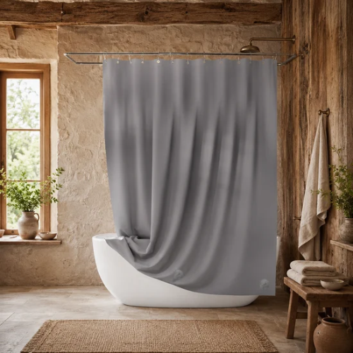 Rideau de douche gris aimanté installé sur une baignoire