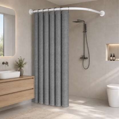 Rideau de douche gris avec barre blanche arrondie sans perçage