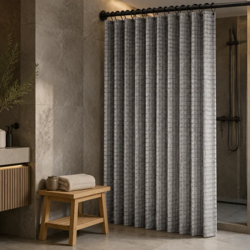 Rideau de douche gris foncé à motifs avec banc