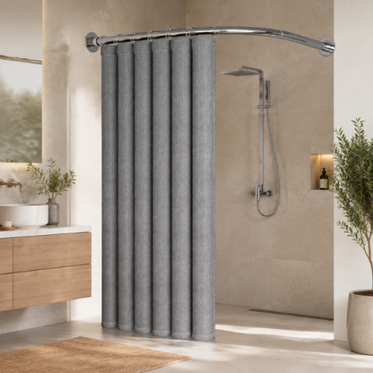 Rideau de douche gris pliable avec barre arrondie chromée