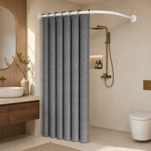 Rideau de douche gris pliable avec barre blanche incurvé