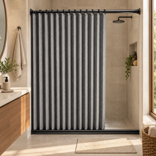 Rideau de douche gris plissé installé avec tringle et anneaux noirs