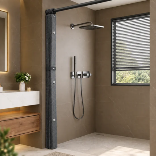 Rideau de douche gris replié avec attache dans une douche