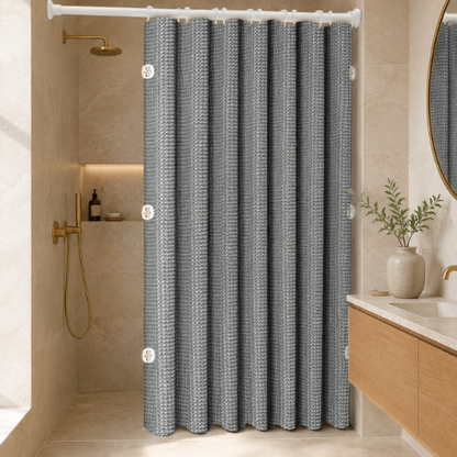 Rideau de douche gris texturé avec attaches latérales et tringle