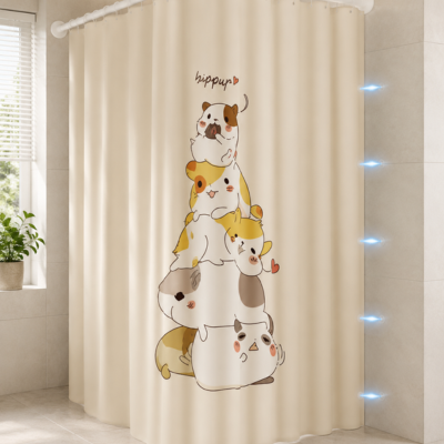 Rideau de douche magnétique avec motif de chats empilés
