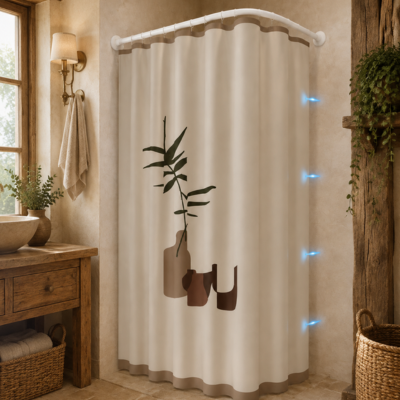 Rideau de douche magnétique en L avec motif bambou minimaliste 

