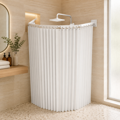 Rideau de douche pliable blanc entièrement déployé autour d’une douche