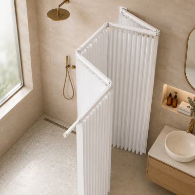 Rideau de douche pliable blanc et tringle articulée blanche
