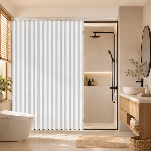 Rideau de douche pliable blanc installé devant une douche moderne
