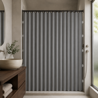 Rideau de douche pliable gris avec fermetures aimantées 
