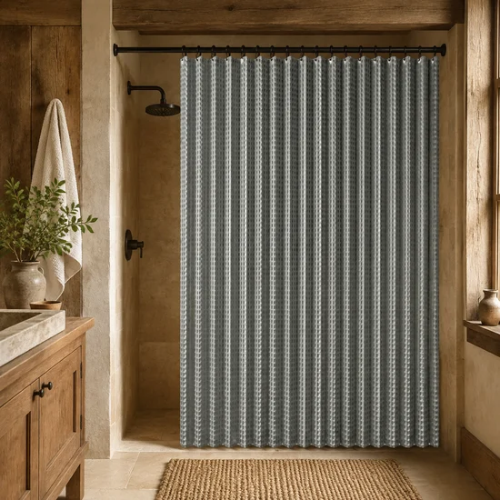 Rideau de douche pliable gris avec tringle noire