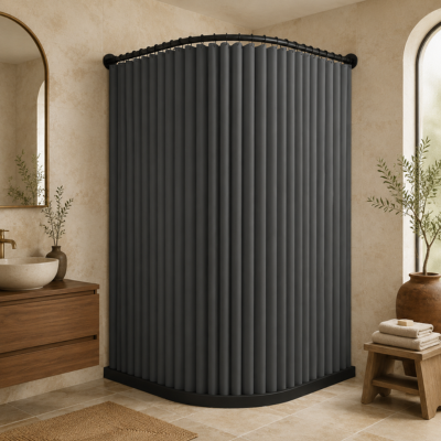 Rideau de douche pliable gris foncé entièrement déployé