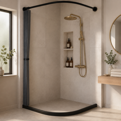 Rideau de douche pliable gris replié sur le côté 
