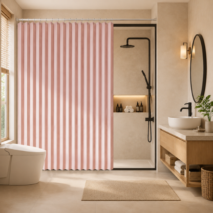 Rideau de douche pliable rose dans une salle de bain 