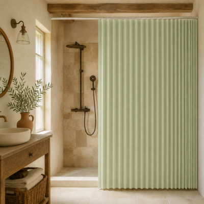 Rideau de douche pliable vert  dans une salle de bain 
