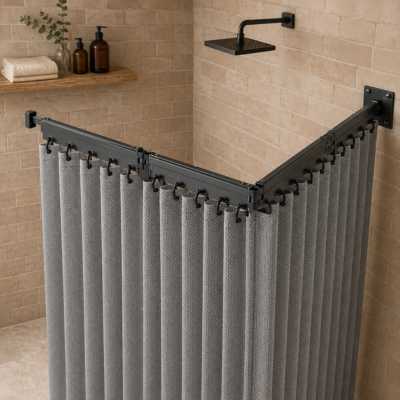 Rideau de douche rétractable gris avec support mural articulé
