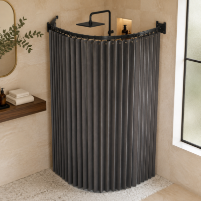 Rideau de douche rétractable gris foncé avec structure murale articulée 
