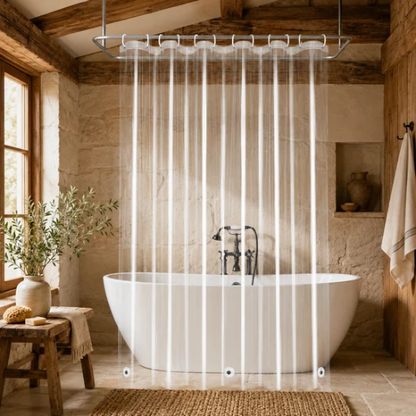 Rideau de douche transparent aimanté autour d’une baignoire