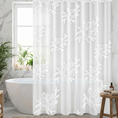 Rideau de douche transparent avec fleurs blanches décoratives en PEVA