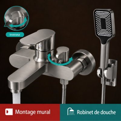 Robinet de baignoire mural en acier inoxydable avec inverseur