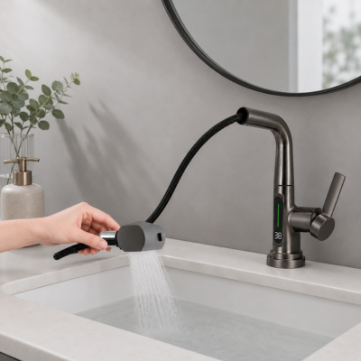 Robinet pour lavabo avec bras extensible gris canon