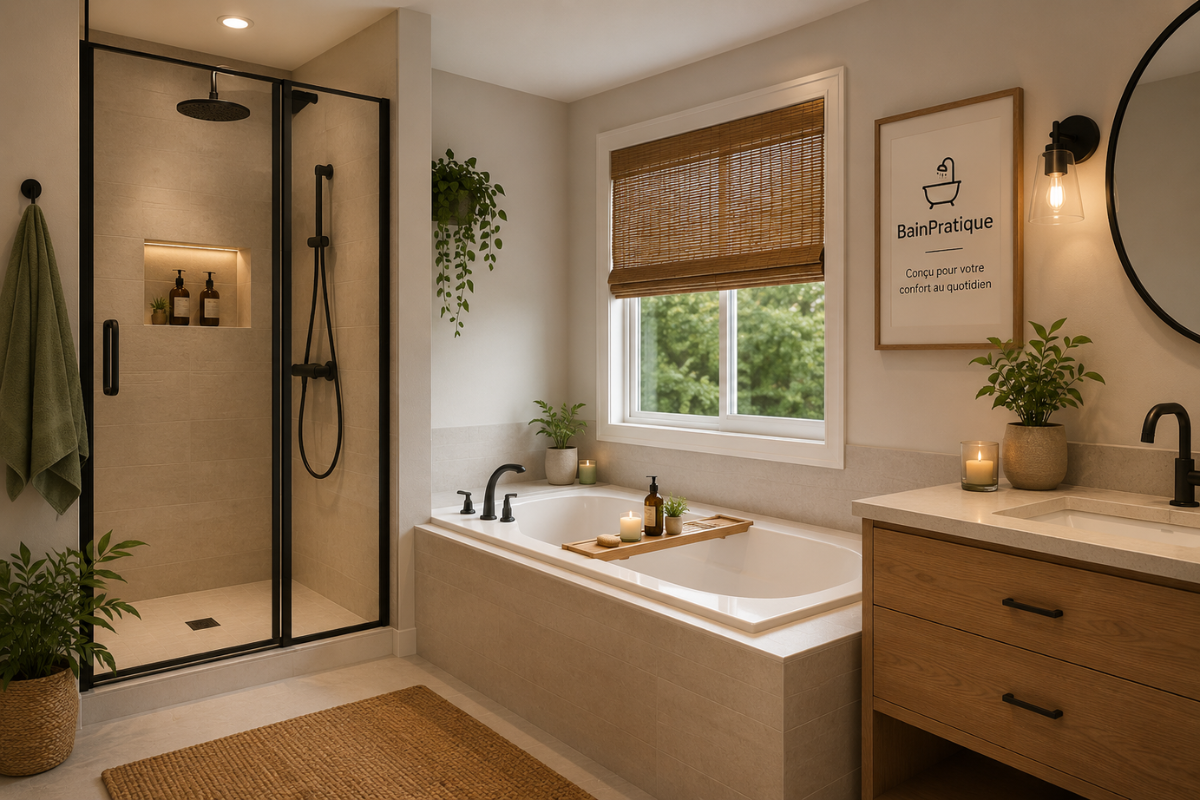 Salle de bain design avec douche à l’italienne, baignoire encastrée